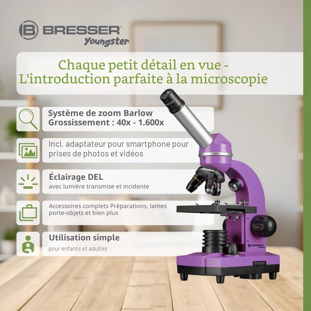 Bresser Junior BIOLUX SEL Microscope d’écolier avec Porte-Smartphone, Zoom à lentille de Barlow, pour Enfants et Adultes