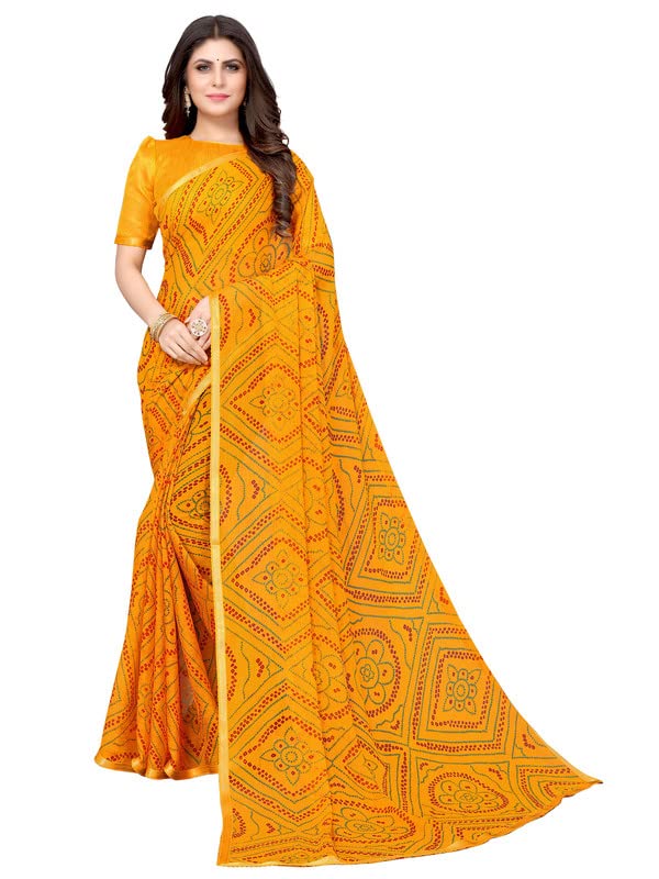 Satrani Women'S Bandhani Printed Chiffon Saree With Unstitched Blouse Piece
