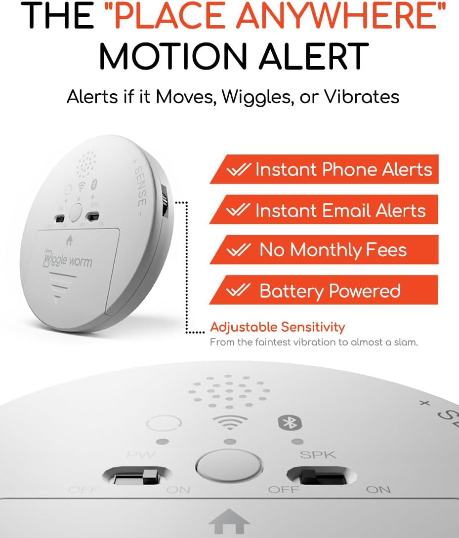 WiggleWorm Alert™ Mini Motion Vibration Sensor Alarm (1-Pack) – Stick Anywhere Smart Home Detector for Jewelry Box, Kids Door, Safe & Mailbox | Phone App Instant Alerts, Audible & Silent Modes