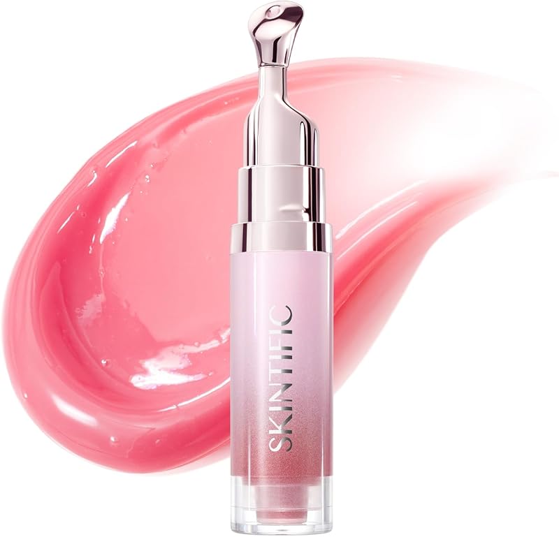 SKINTIFIC Suero labial iluminador, hidratante y voluminizador (01 rosa bebé) | Brillo labial teñido con péptido, bálsamo labial de escualano para labios brillantes, suaves y de apariencia saludable