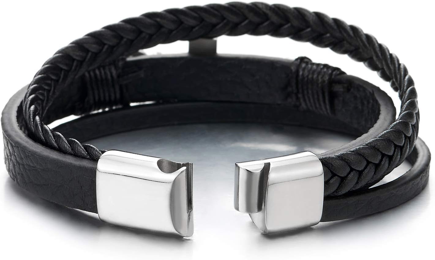 COOLSTEELANDBEYOND Mens Women Steel Horizontal Sideway Lateral Flat Cross Multi-Strand Leather Bangle Bracelet - Image 3