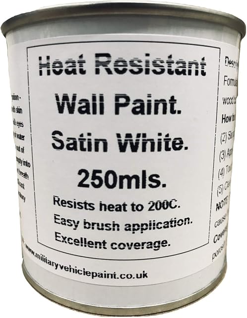 1 x 250ml Satin White Heat Resistant Wall Paint. Wood Burner Stove Alcove. Brick, Concrete, Plaster, Cement Board, Rendering, Metal, Timber etc.