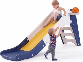 Toddler Indoor Slide, Foldable Baby Climber Playset with Basketball & Hoop | 63 in Extra Long Slope, Non-Slip Steps, Sturdy Plastic, Outdoor Playground for Backyard, Home & Playroom Use for Age 3+