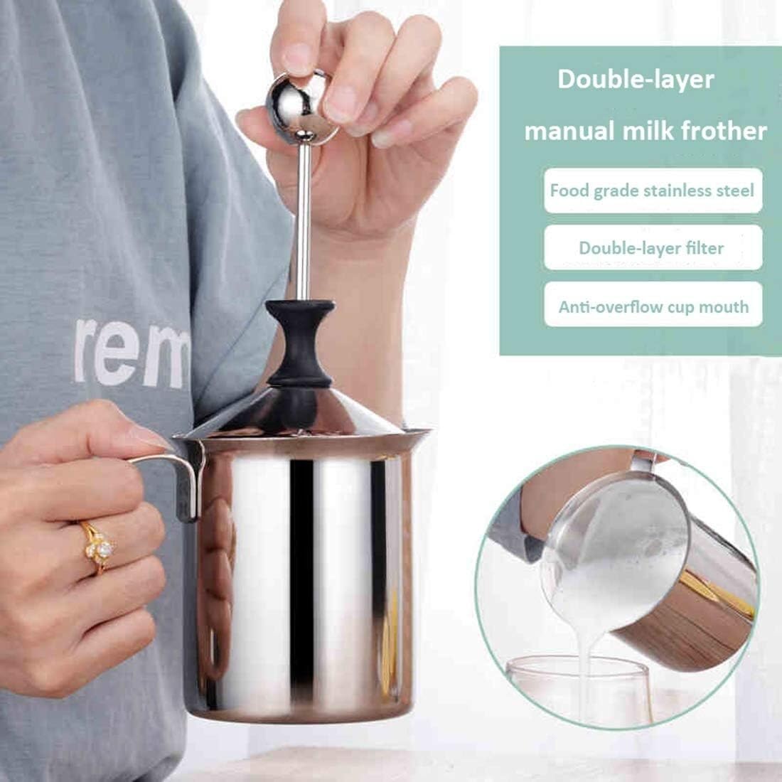 Spieniacz do mleka Pompa Ręczna Ze Stali Nierdzewnej Spieniacz Do Mleka Ręczna Maszyna Do Spieniania Mleka Kubek Do Kawy Cappuccino Latte Cocktails Sok(800ml)
