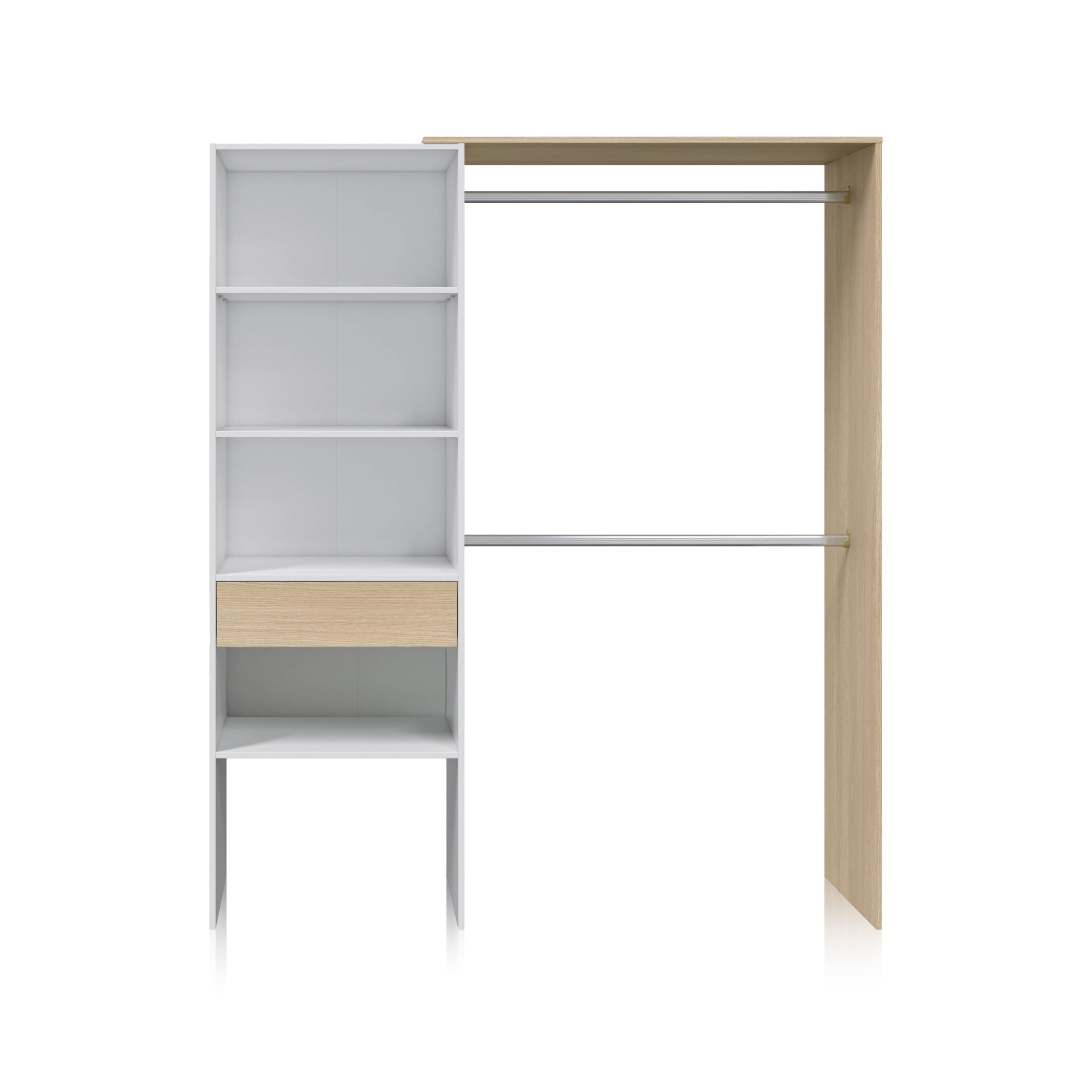 duehome | Armario Vestidor, Armario 2 Barras, 4 Baldas y 1 Cajón, Vestidor Reversible, Modelo Aura, Acabado en Blanco Artik y Roble, Medidas: 158 cm (Ancho) x 187 cm (Alto) x 40 cm (Fondo)