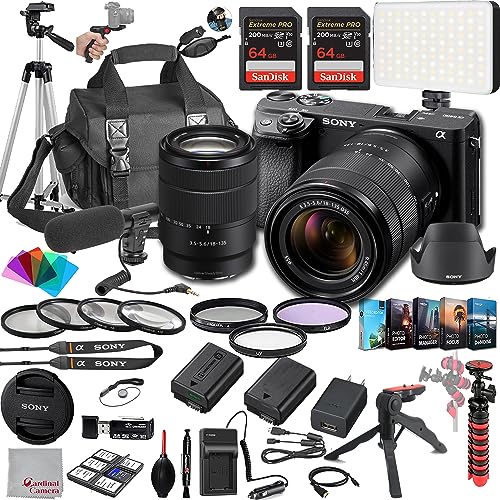 Sony a6400 Mirrorless Camera with 18-135mm Lens, 128GB Extreem Speed Memory,Microphone, 120LED Video Light, Tripod, Filters, Hood, Grip,Spare Battery & Charger, Editing Software Kit -Deluxe Bundle -  SN-640018135DLXVCK2023-JN23