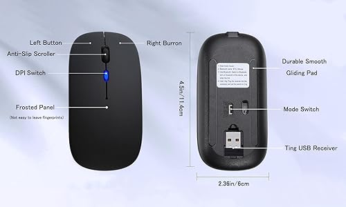 Miniatura 7 de WREANU Ratón inalámbrico Bluetooth recargable, silencioso y delgado para laptop, portátil (BT5.2+USB 2.4G), mouse de computadora de modo dual para