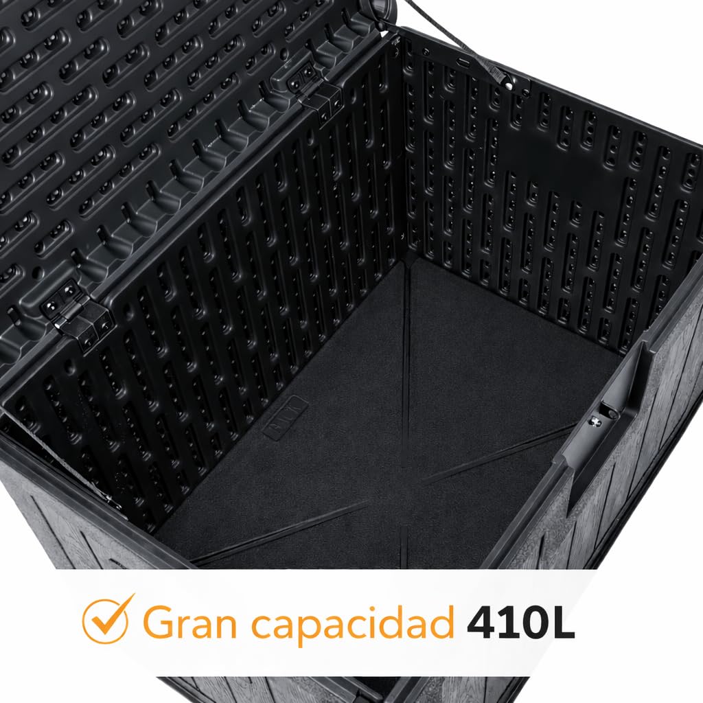 Baúl exterior almacenaje de resina impermeable multiusos 410L | Arcón de jardín resistente a la intemperie | Almacenamiento de cojines, herramientas o juguetes | Cofre organizador con tapa y asas — view 9