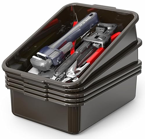 Paquete de 5 cajas de autobús comerciales, caja de almacenamiento de plástico blanco con asaslavabo (8 litros)