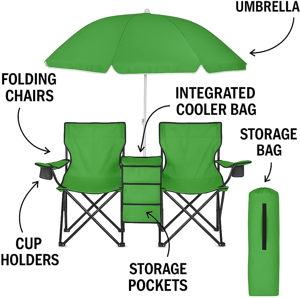 GoTEAM! Portable 2-Seat Folding Camp Chair with Cooler, Umbrella & Cup Holders – Outdoor Picnic, Beach, or Tailgate Seating – Carry Case Included