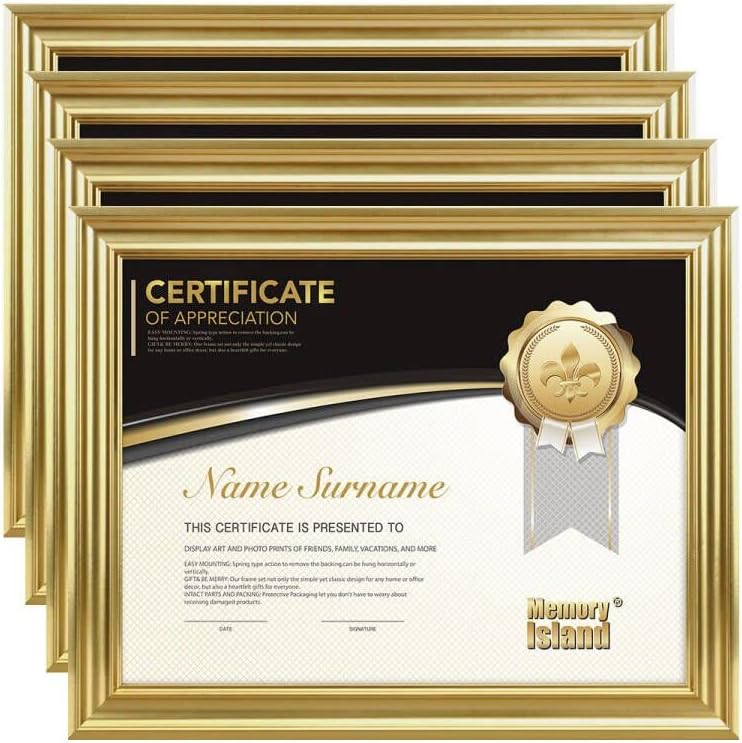 Memory Island 8.5x11 Diploma Document frames,Real Glass Fronts, 4 Pack Gold Certificate Frames for Wall Or Tabletop Display,Diploma Frames For Degree Award
