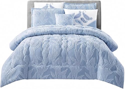 Blue Comforter Set Super King Size Leaf Pattern 7 Piece