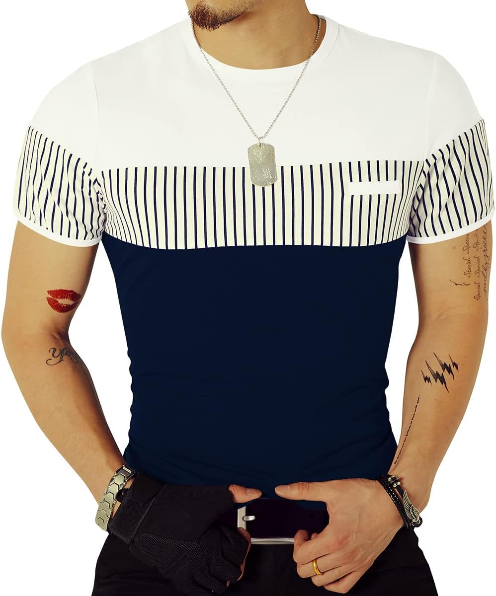 Men's Strip Casual Slim fit Cotton T-Shirt Short Sleeve Crewneck Tee Shirts for Boy Small Blue