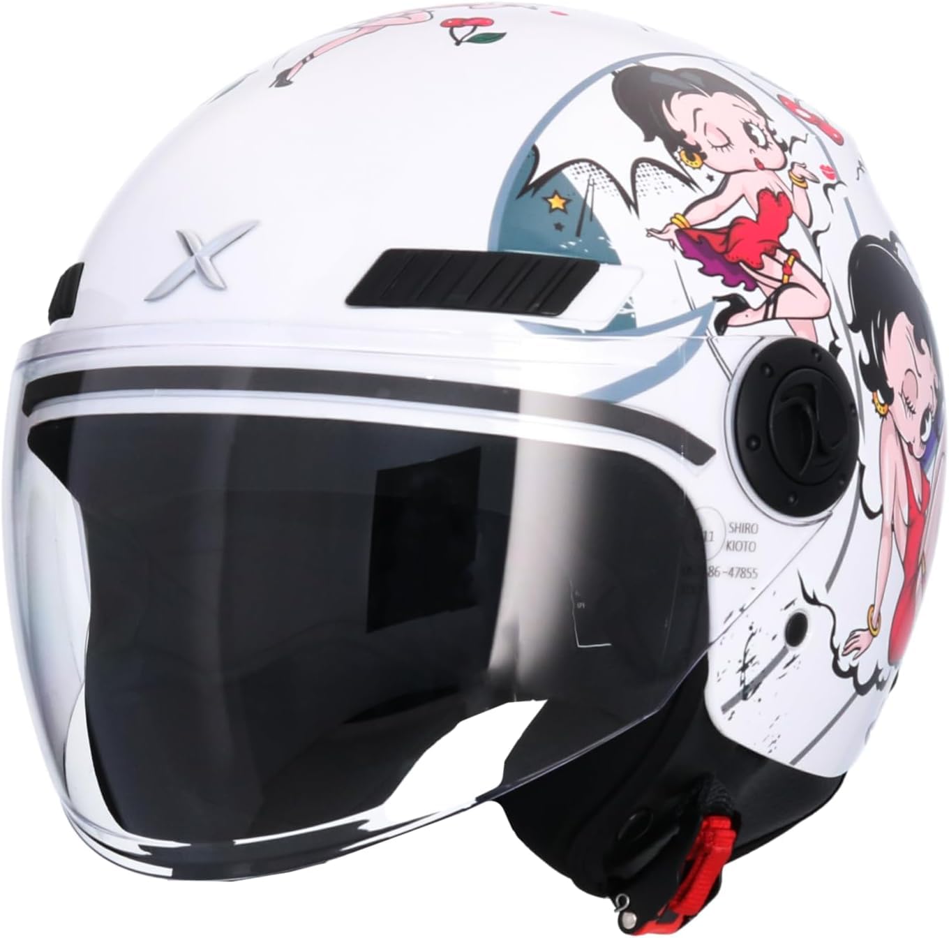 Casco Jet Shiro SH-62 La Betty II – Diseño Exclusivo Betty Boop, Negro Brillante, Visera Abatible, Homologado ECE, Estilo Retro y Urbano para Moto y Scooter Blanco Brillo (M 57/58)