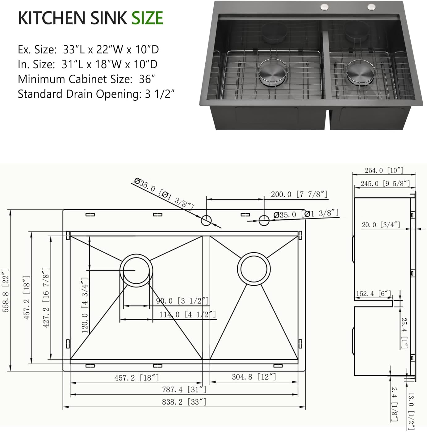 33x22 Inch Black Drop In Kitchen Sink Double Bowl, 33 Inch Black Stainless Steel Drop In Workstation Double Kitchen Sink, 16 Gauge Black Top Mount 60/40 Dual Bowl Kitchen Sinks