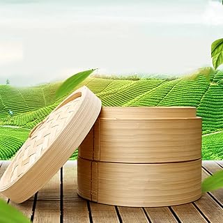 JSG Vapeur en bambou pour cuisson à la vapeur, cuiseur 2 niveaux avec couvercle, panier en bambou, récipient en bambou, oriental, cuisson à la vapeur dim sum 18 x 14 cm (2 étages)