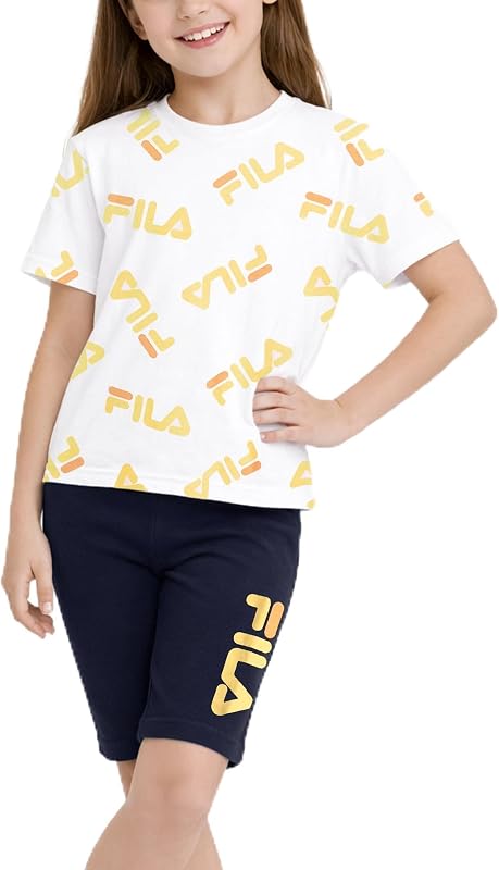 Conjunto de pantalón corto Fila para niña - Pantalón corto motero suave transpirable de 2 piezas para niña pequeña y camisa de manga corta para niña pequeña (2T-6X)
