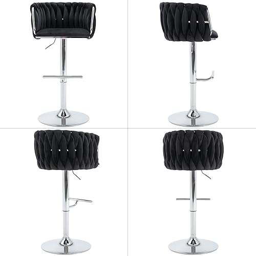 Miniatura 3 de LukeAlon Juego de 2 taburetes de bar giratorios de terciopelo, sillas de bar modernas de altura ajustable con base plateada, respaldo tejido con