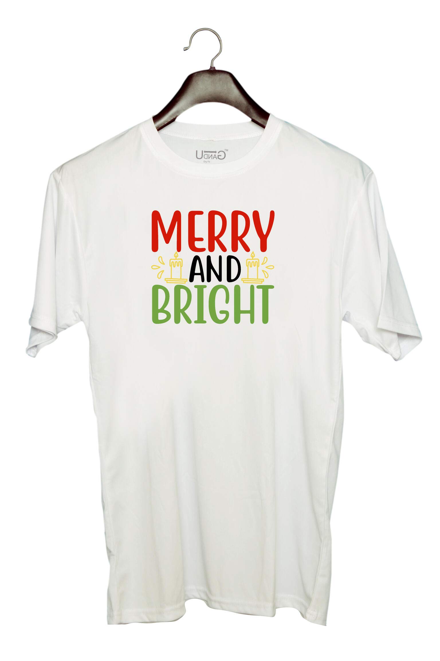 UDNAG Unisex Round Neck Graphic 'Christmas | Merry and brightt' Polyester T-Shirt White [Size 2YrsOld/22in to 7XL/56in]
