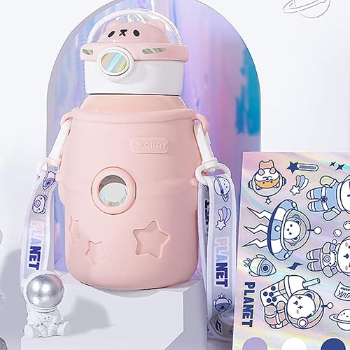 JQWSVE Botella de agua Kawaii, bonitas botellas de agua aisladas con popote y calcomanías, organizador de botellas de agua con aislamiento al vacío