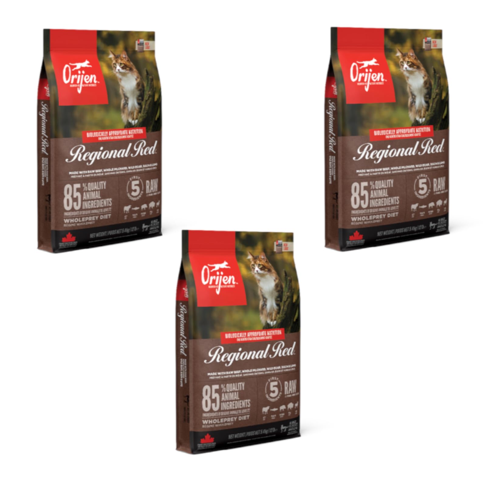 Orijen Cat Regional Red | Paquete Triple| 3 x 340 g | Alimento Completo para Gatos Adultos | 85% Ingredientes Animales Recubierto de hígado liofilizado