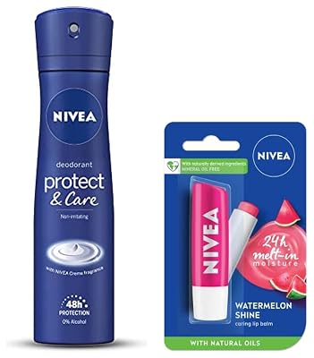 NIVEA Lip Balm, Fruity Watermelon Shine, 4.8g & Nivea Deodorant, Protect & Care for Women, 150ml