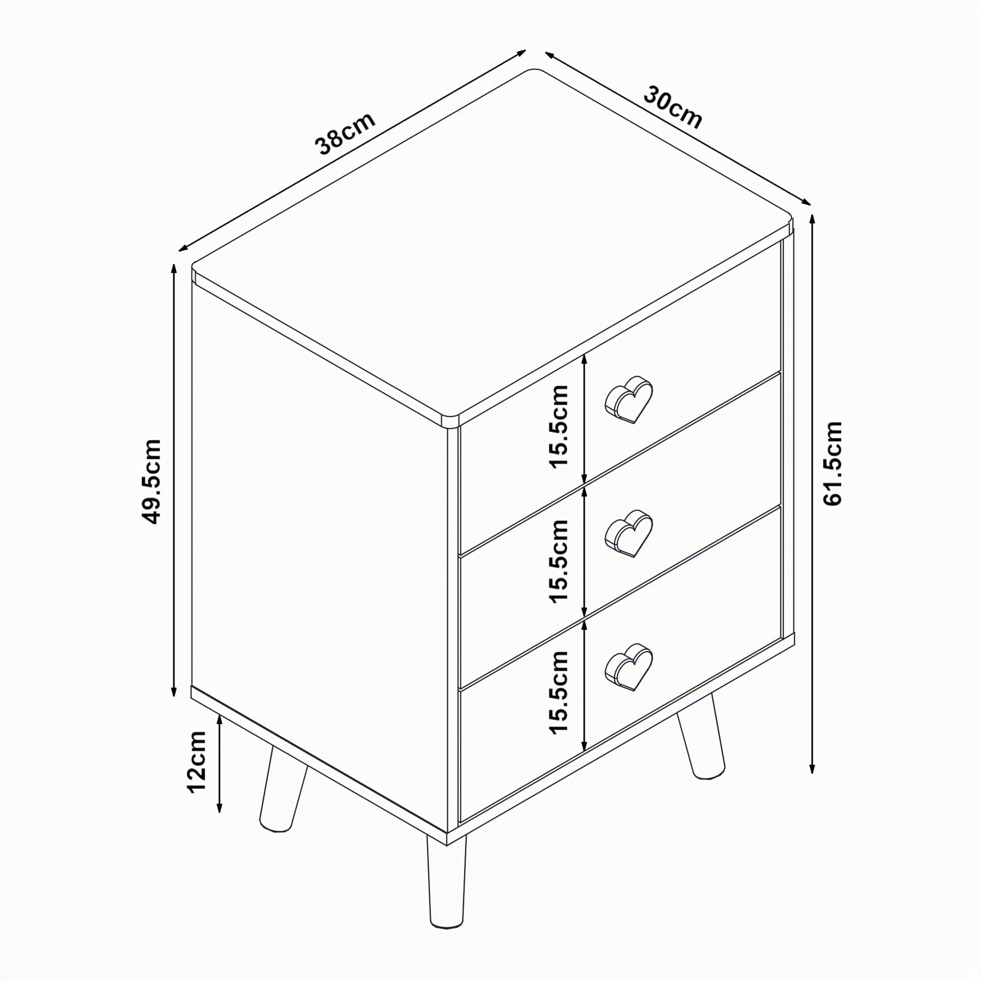 [en.casa] Mesita de Noche Infantil Sandnes Cajonera Mesa Auxiliar para Niños con 3 Cajones Pomo en Forma de Corazón para Habitación Infantil Sala de Juegos MDF/Pino 62 x 38 x 30 cm - Blanco/Rosa