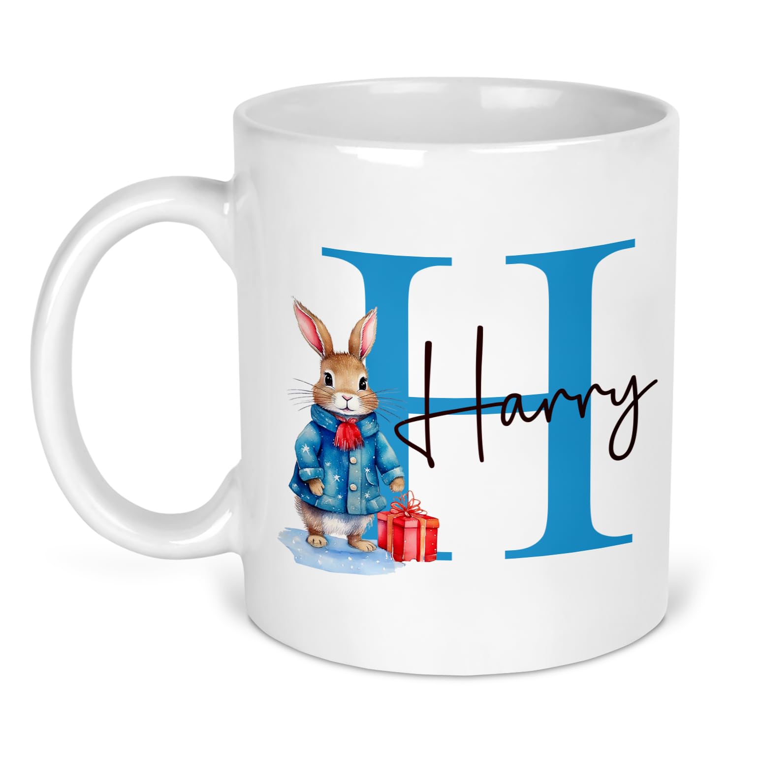 Chicken Craft Personalized Christmas Mug with Initial & Name - Custom Festive Coffee & Hot Chocolate Mug for Mum, Dad, Family, Friends, Kids, Secret Santa, or Christmas Eve Box (Blue Bunny)