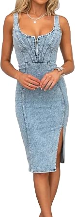 Womens Denim Dress Sexy Sleeveless Scoop Neck Bodycon Side Slit Midi Jean Dresses