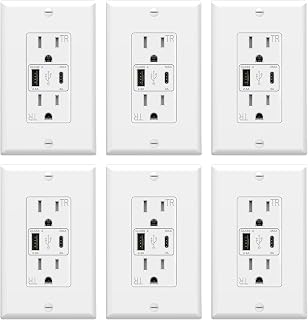 ThunderWay USB Outlet, 15 Amp Wall Outlet with USB Ports, 21W Charging USB C Outlets Receptacles with Type A & Type C Ports, Tamper Resistant, Wall Plate Included, ETL Listed, White, 6 Pack