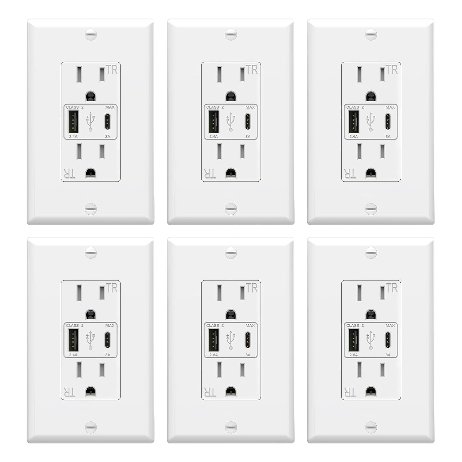 ThunderWay USB Outlet, 15 Amp Wall Outlet with USB Ports, 21W Charging USB C Outlets Receptacles with Type A & Type C Ports, Tamper Resistant, Wall Plate Included, ETL Listed, White, 6 Pack