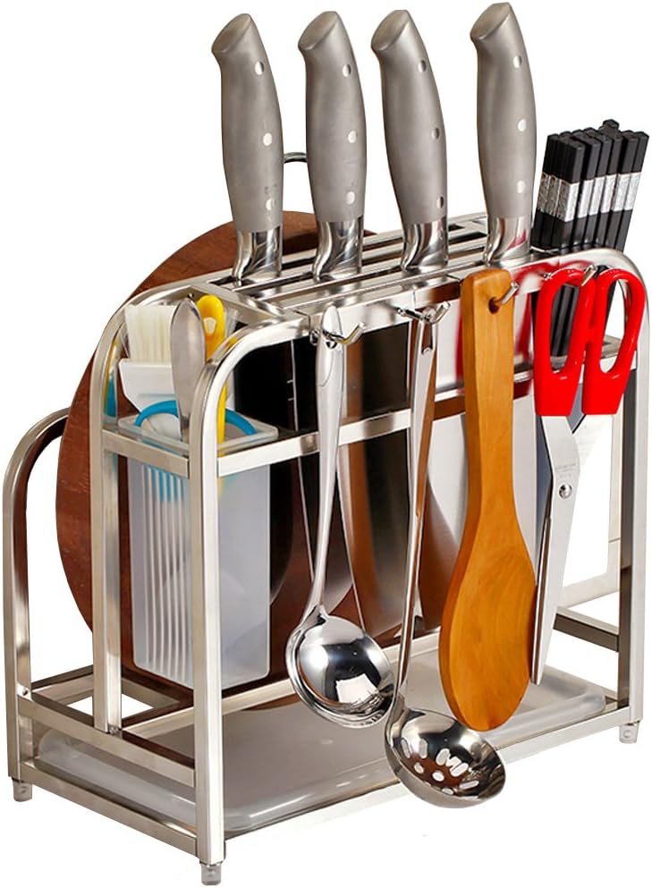 Knife Holder Storage Organizer with Hooks, Stainless Steel Knife Block Holder Cutting Board Rack,Kitchen Utensils Holder with Drainer Tray for Kitchen Countertop