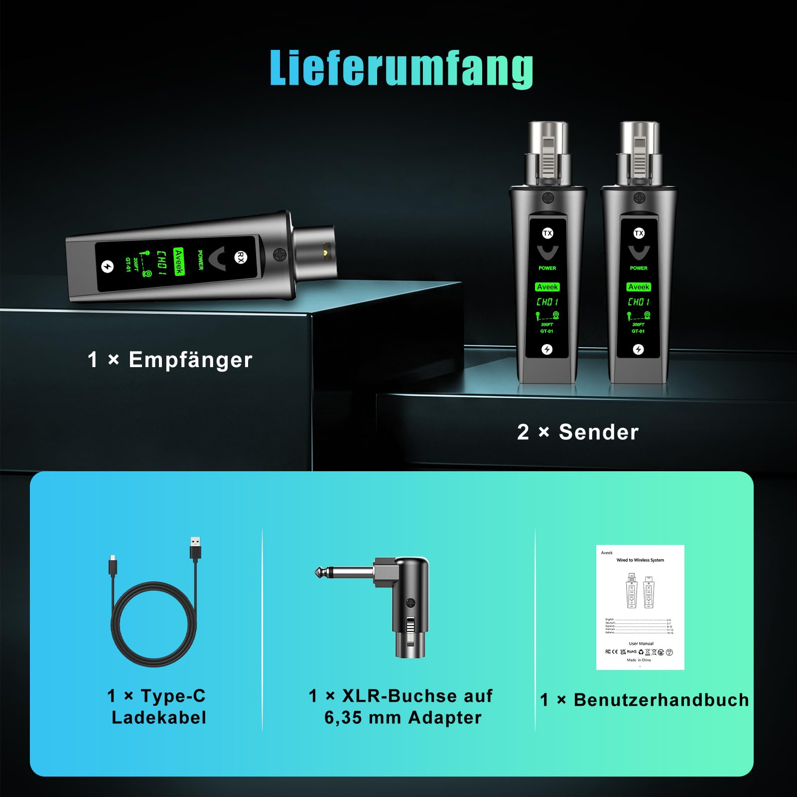 Aveek Kabelloses XLR-Sender/Empfänger für dynamisches Mikro,60 m Reichweite | <2 ms Latenz,stabiles Signal,12 h Akkulaufzeit, automatisches Pairing, Adapter für Mischpult, PA-Anlage, Kirche,Bühne,Audio