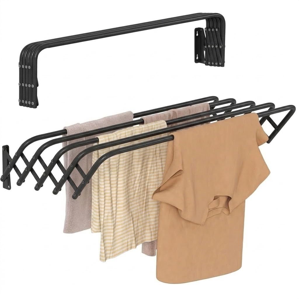 HomeCloud Premium Wall-Mounted Stainless Steel Expandable Clothes Drying Rack | Heavy-Duty Accordion Collapsible Cloth Hanger (Black)