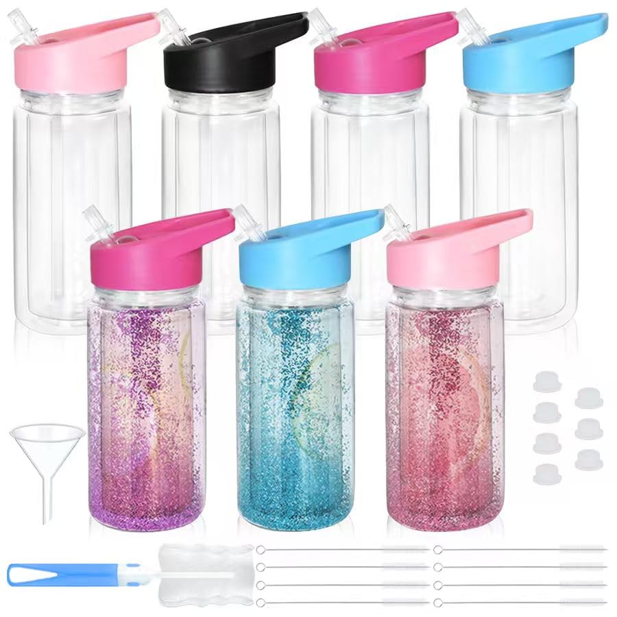 7pcs 10oz Clear Plastic Water Bottles, with Colored Lids & Straws, Reusable, Essential for Family Gatherings, Office Hydration & Birthday Parties, Perfect for Tea, Sports & Juice