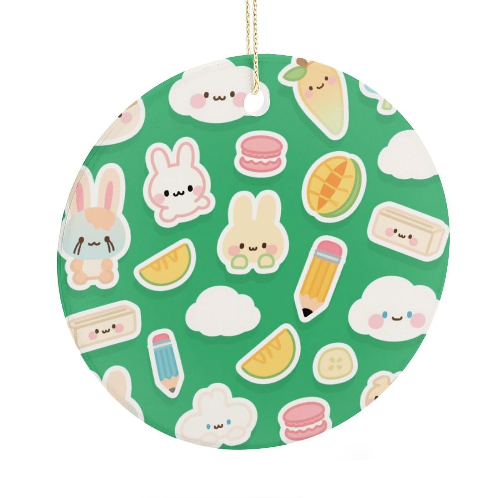 Fekiloot Style Green Bunny Fruit Christmas Ornaments 2.9 Inch Round Ceramic Ornament Keepsake Thank You Gifts For Office, Room, Home - Holiday Present Ideas