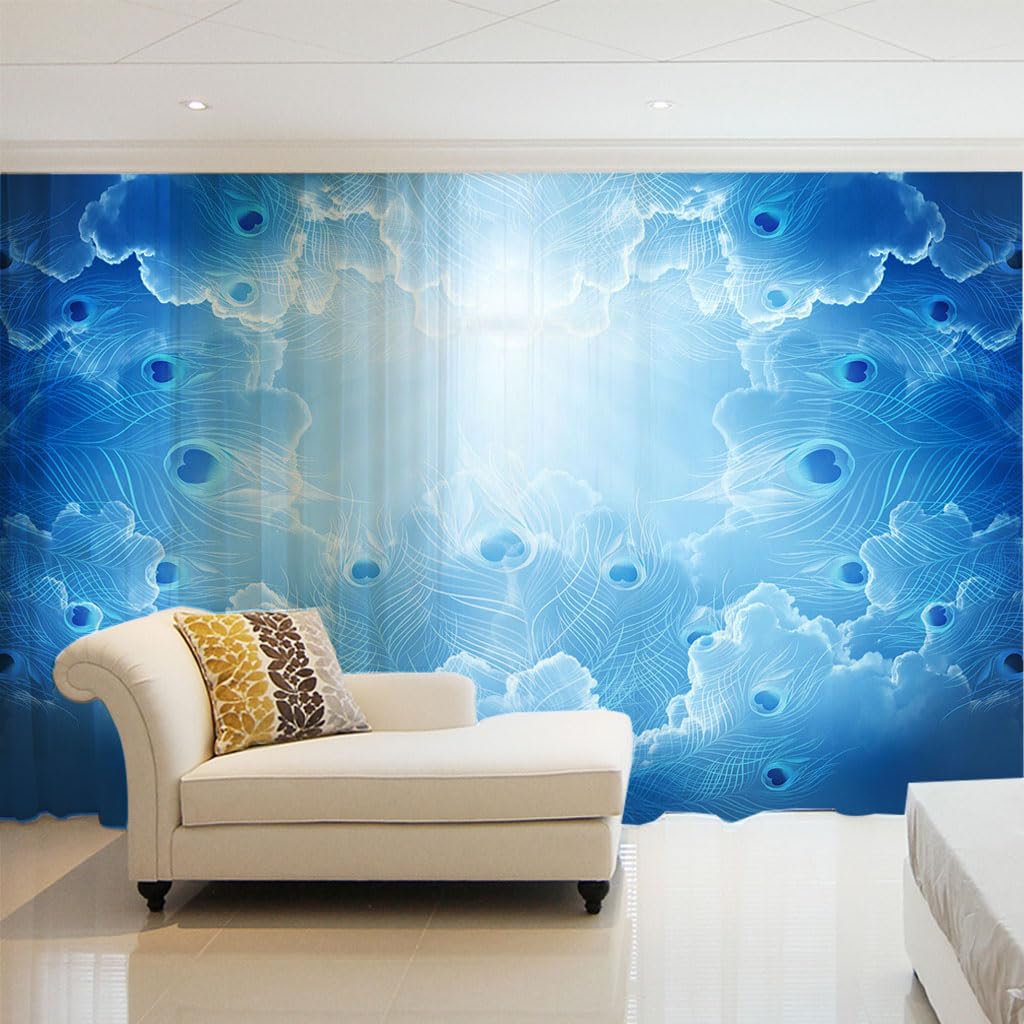 Voile de vitrage bleu paon avec oeillets, lot de 2 rideaux semi-transparents 132x145cm