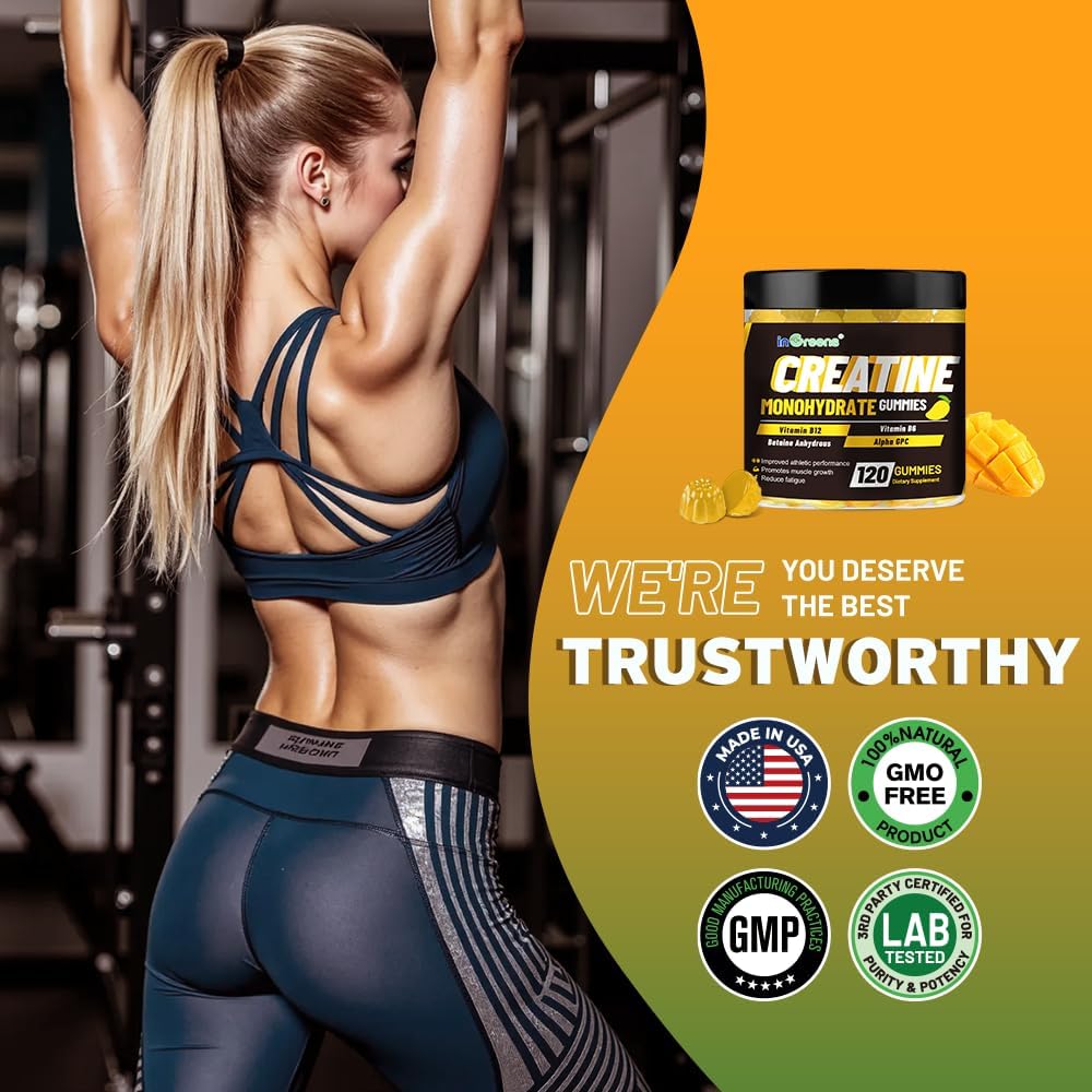 Creatine Monohydrate Gummies 6g for Men & Women, Potent Creatine Supplement, Chewables Creatine for Energy Boost, Increase Strength and Build Muscle, Gluten-Free, Sugar Free,120 Count