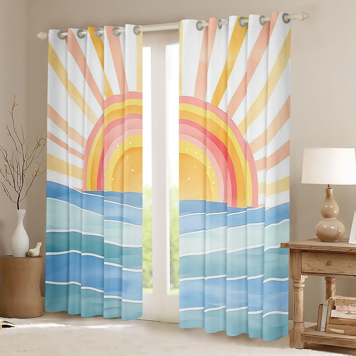 Castle Fairy Sunset Window Drapes,Blue Orange Cartoon Kawaii Boys Girls Room Decor,Coastal Ocean Nautical Blackout Curtains,2 Panels,42Wx84L inch