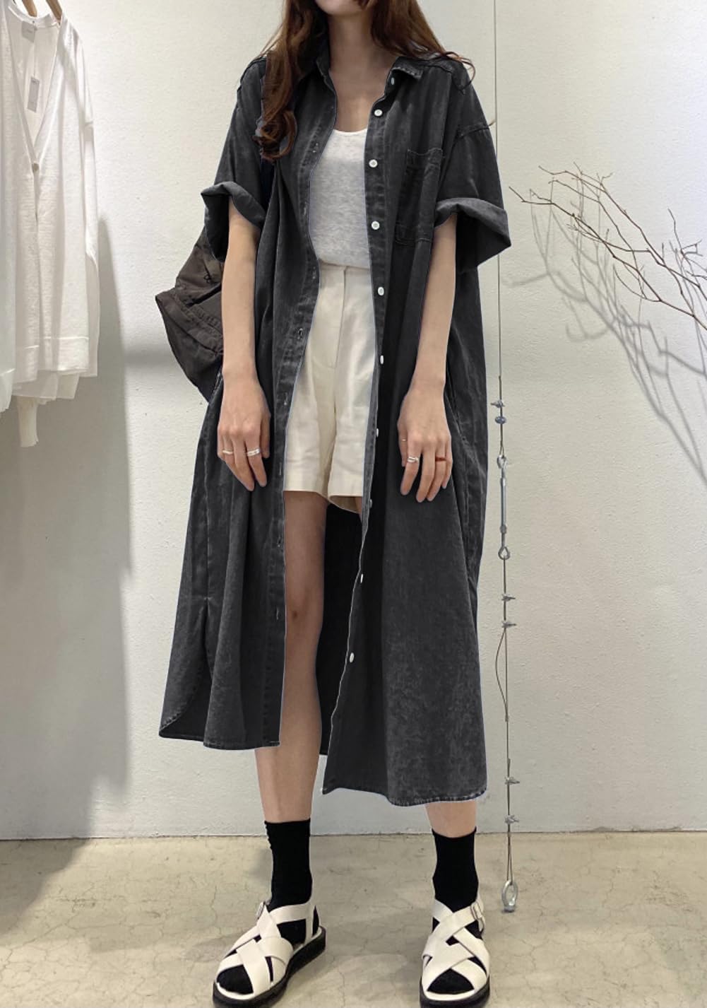 chouyatou Women's Summer Casual Short Sleeve Long Denim Shirt Dress Casual Loose Button Down Jean Dress - Image 5