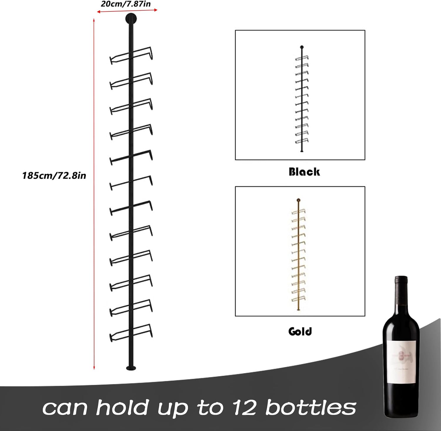 Wall Mounted Wine Rack - 72.8" Tall Metal Holder for 12 Bottles, Perfect for Kitchen nization, Restaurant, Bar, and Wine Cellar Storage (Black, Single Row)