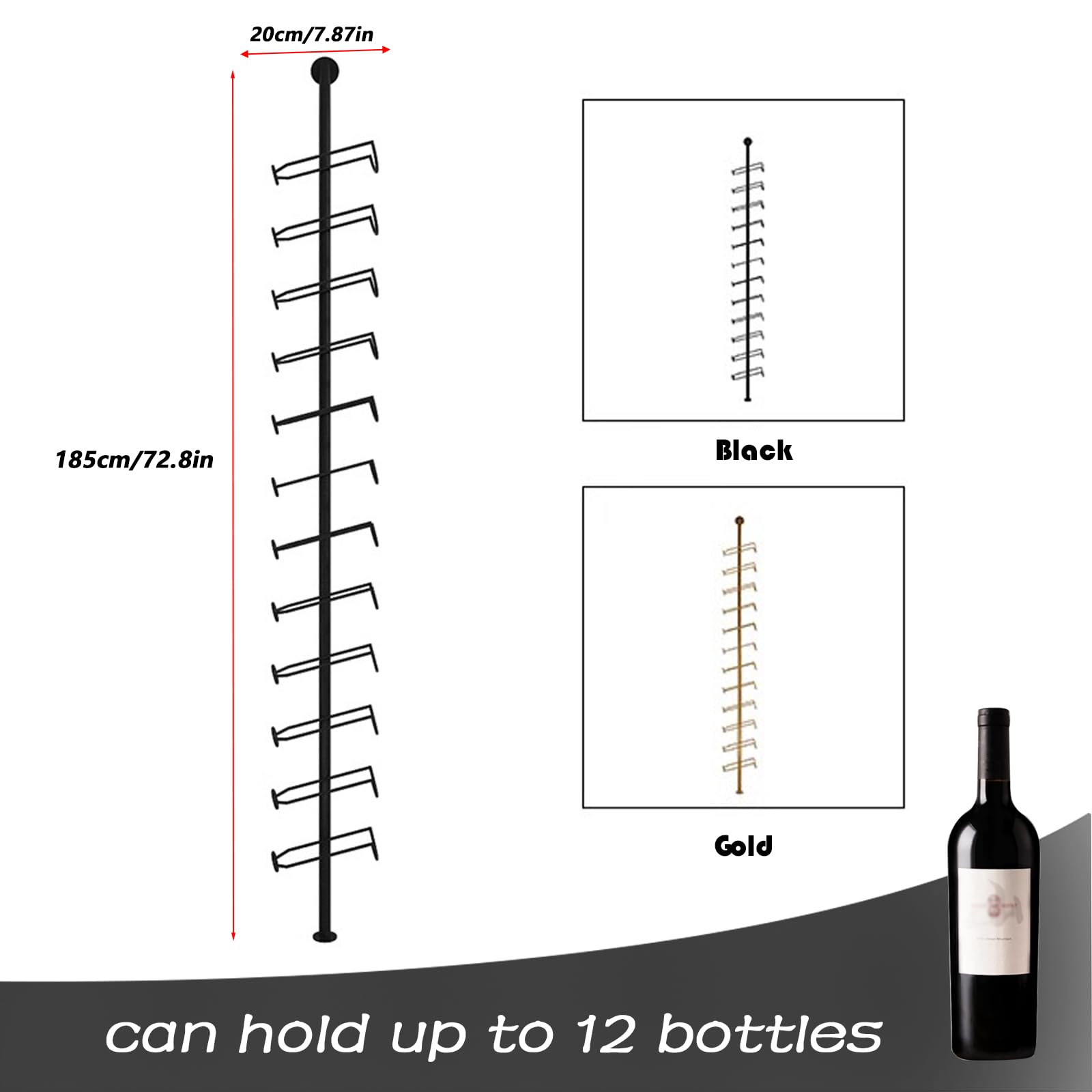 Wine Rack Wall Mounted, 72.8in High Metal Wine Bottle Holder for 12 Bottles, Kitchen Organization and Wine Storage for Commercial Restaurants Pantry Bar Wine Cellar (Black, Two rows-24 Bottles)