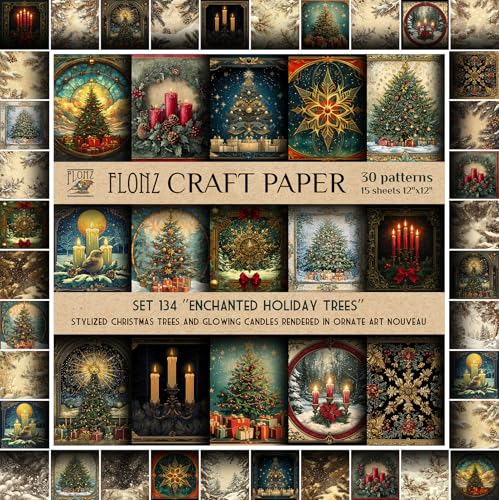 Papier pour scrapbooking 30,5 x 30,5 cm Noël FLONZ avec sapins et bougies