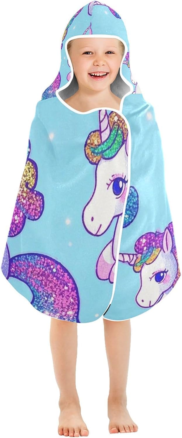 Toddler Bath Towels Fake Glitter Cartoon Unicorns Blue Girls Hooded Beach Towel Soft tuallas para nino
