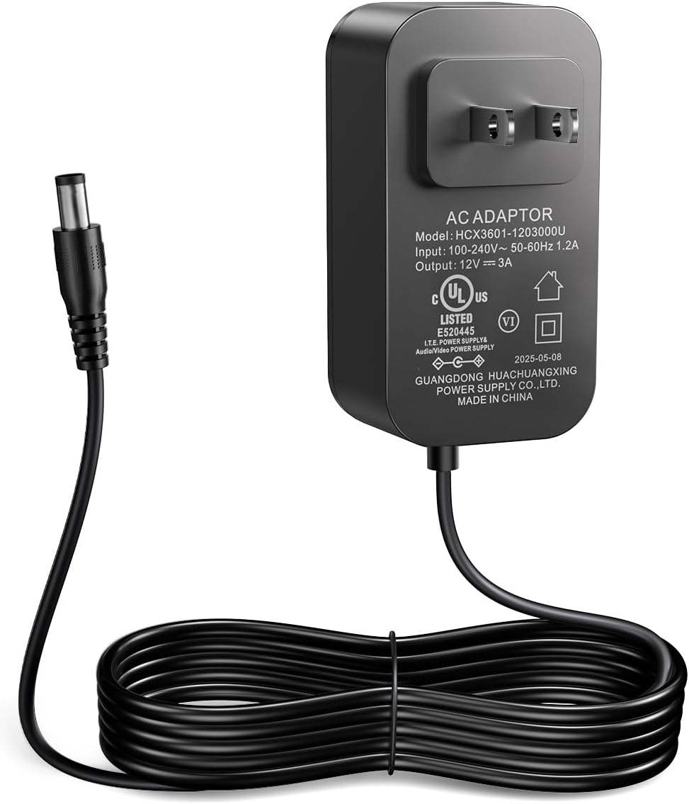 llano V10 / V12 / V12 Ultra / V13 Laptop Cooling Pad Power Adapter – 12V/3A 36W with 6.6ft AC/DC Charger Cord, TypeA-2pin, Universal 100–240V Input, 5.5×2.1mm DC Port, Black
