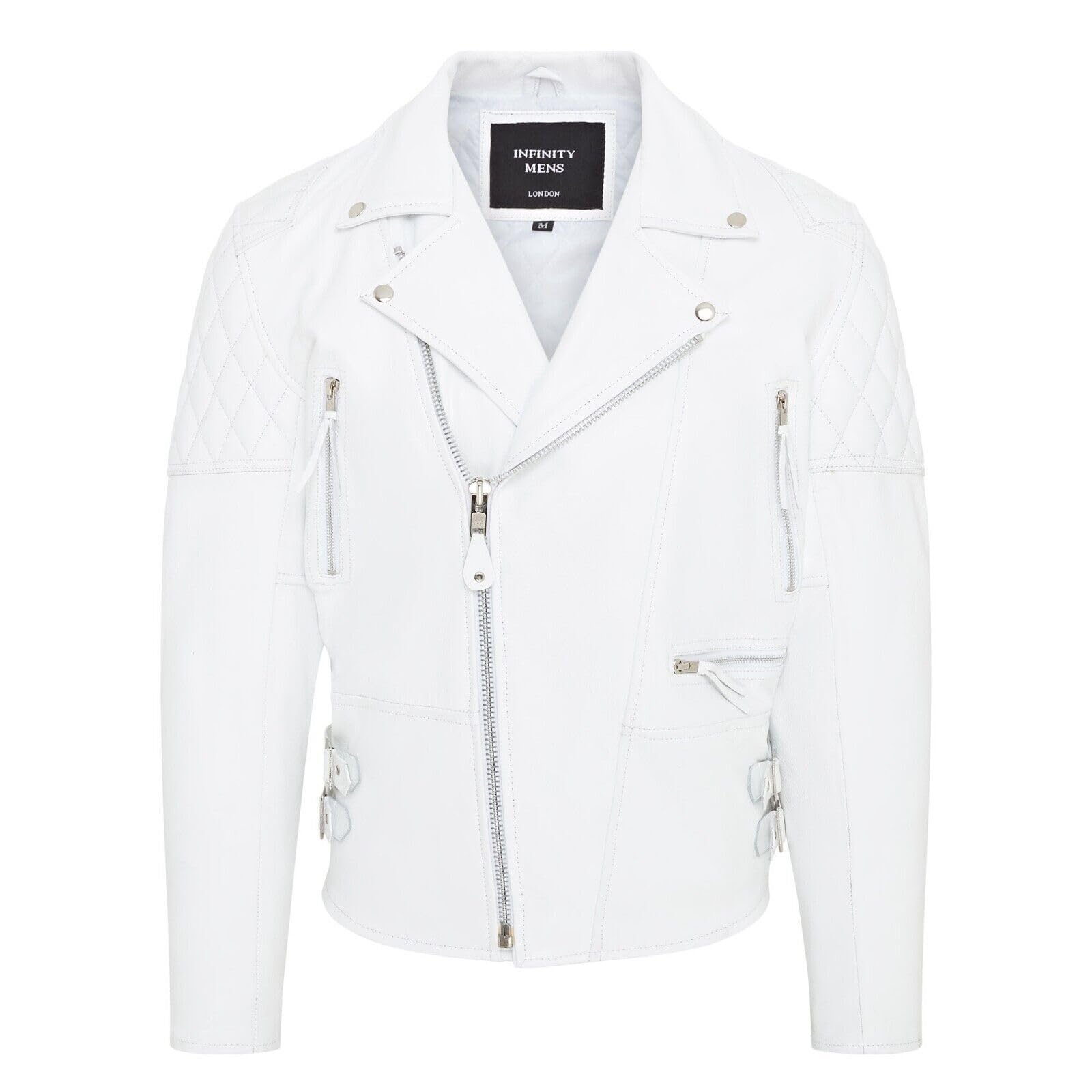 Mens Cowhide White Leather Brando Biker Jacket