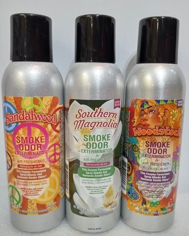 Smoke Odor Exterminator 198 gm/ 7 oz Large Spray Sandalwood Set of Three Cans. includes Southern Magnolia & Woodstock.