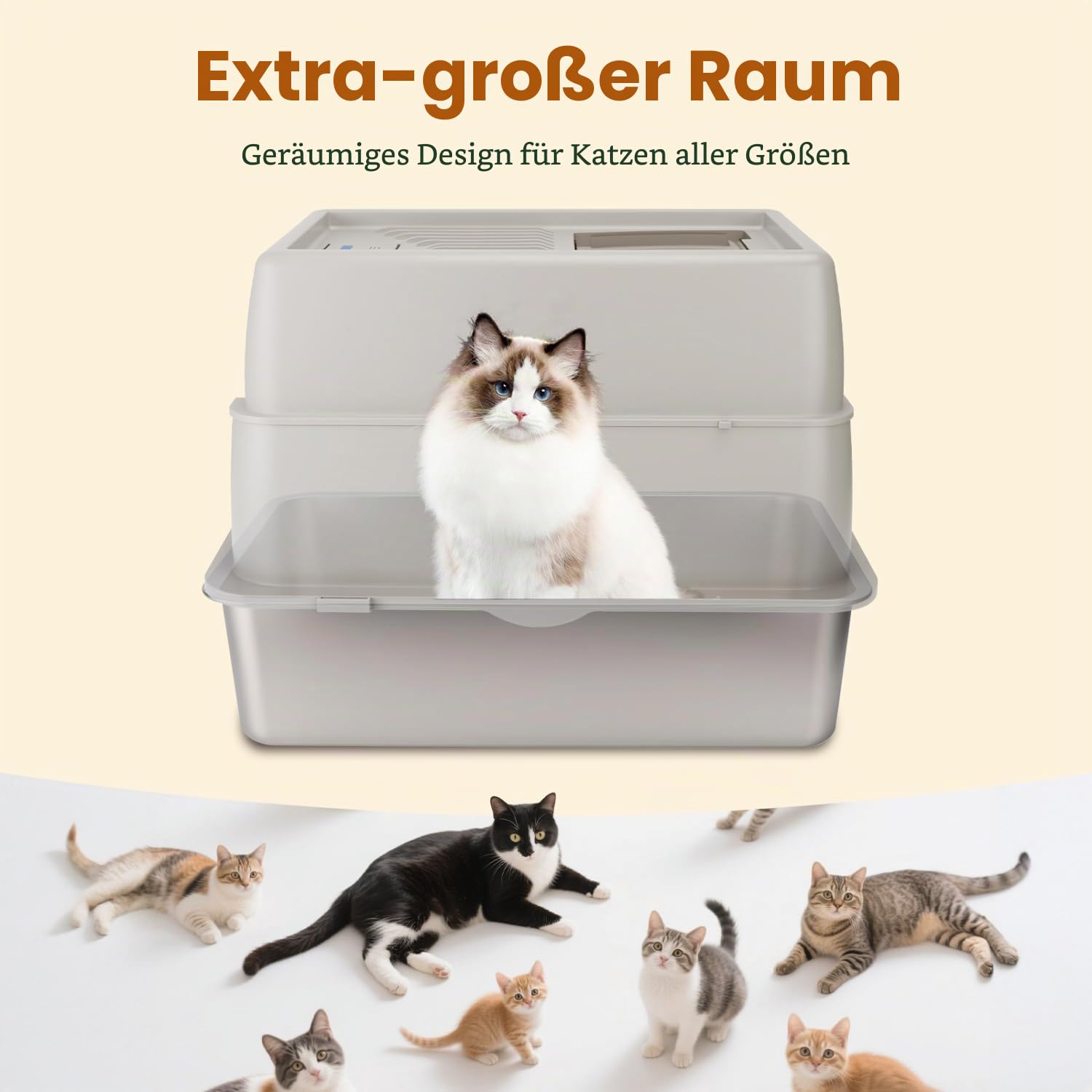 Nobleza Geschlossene Katzentoilette Edelstahl XXL mit Deckel – Rostfrei, Geruchsneutral & Einfache Reinigung für Große Katzen, mit Doppelschicht Matte + Schaufel