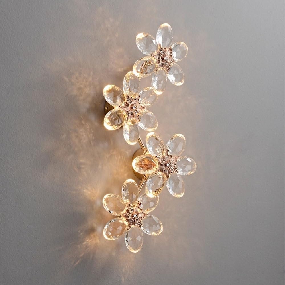Luxury Modern Gold 4-Head LED Flower Crystal Wall Sconce,Floral Glam Decorative Light Fixture for Bedroom Bedside Living Room Background Wall Entryway Foyer Aesthetic Decor Parlor
