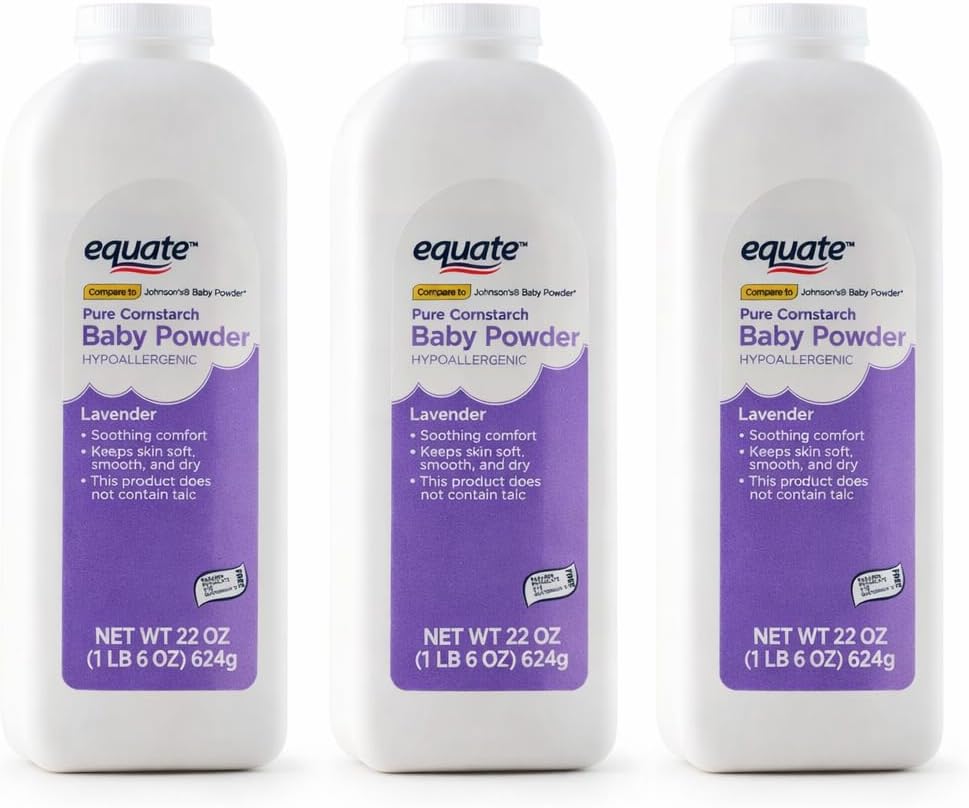 Equate Baby Pure Cornstarch Baby Powder – Hypoallergenic, Lavender & Talc-Free – 22 oz Each, Pack of 3 (Total 66 oz)